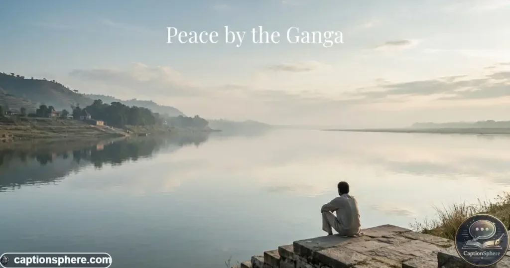 Person sitting quietly beside calm Ganga water under soft morning light
