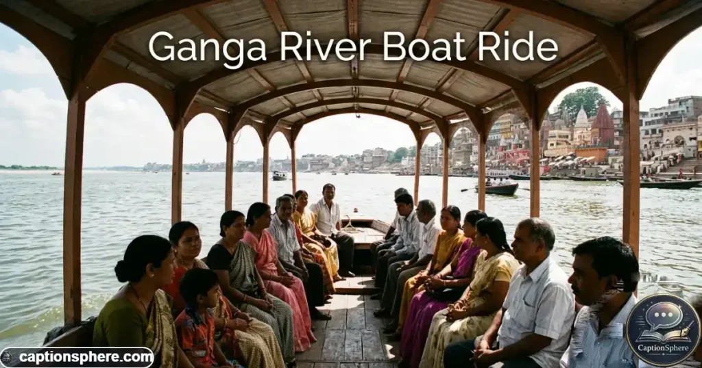 Passengers riding a small boat across the Ganga toward the riverfront