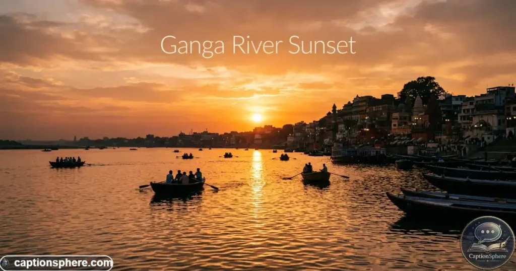 Boats floating on the Ganga beneath a warm orange evening sky
