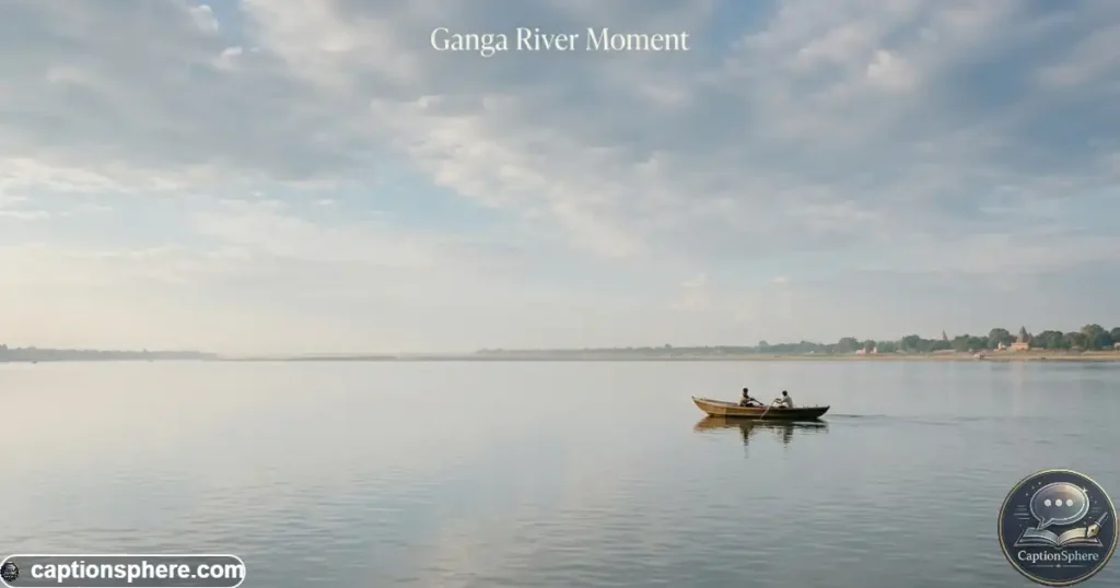 Wide Ganga River landscape with a single boat beneath an open sky