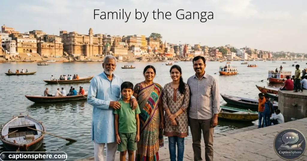 Family group posing together beside the Ganga near the riverfront