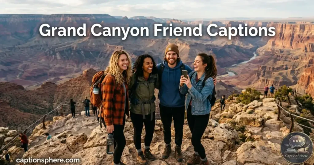 Group of friends smiling beside a Grand Canyon viewpoint