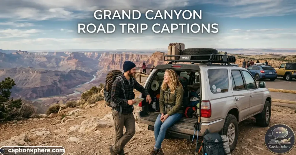 Travelers standing beside a parked car near a Grand Canyon viewpoint