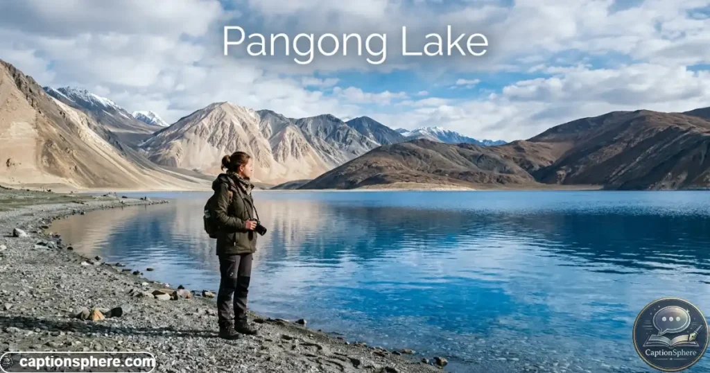 Traveler beside blue Pangong Lake with mountains rising behind the shoreline