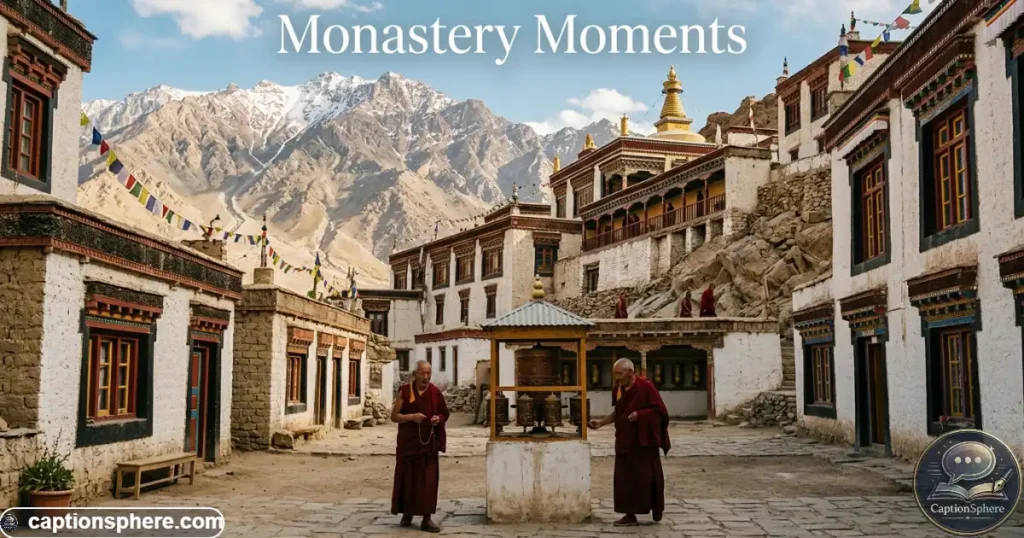 Mountain monastery surrounded by rugged hills beneath a bright open sky