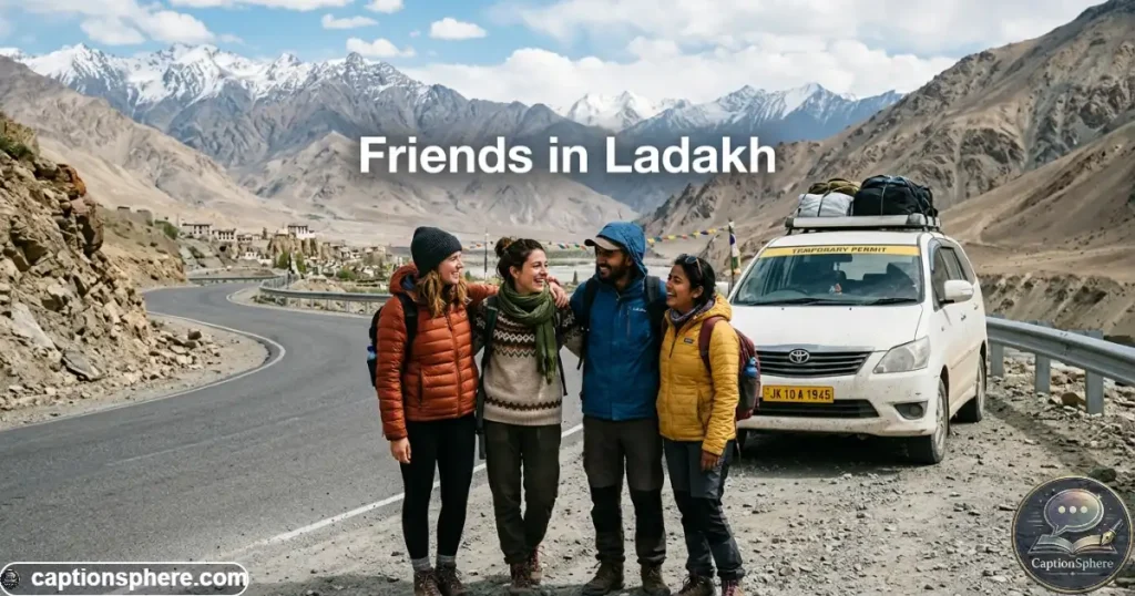 Group of friends posing together beside a mountain road in Ladakh