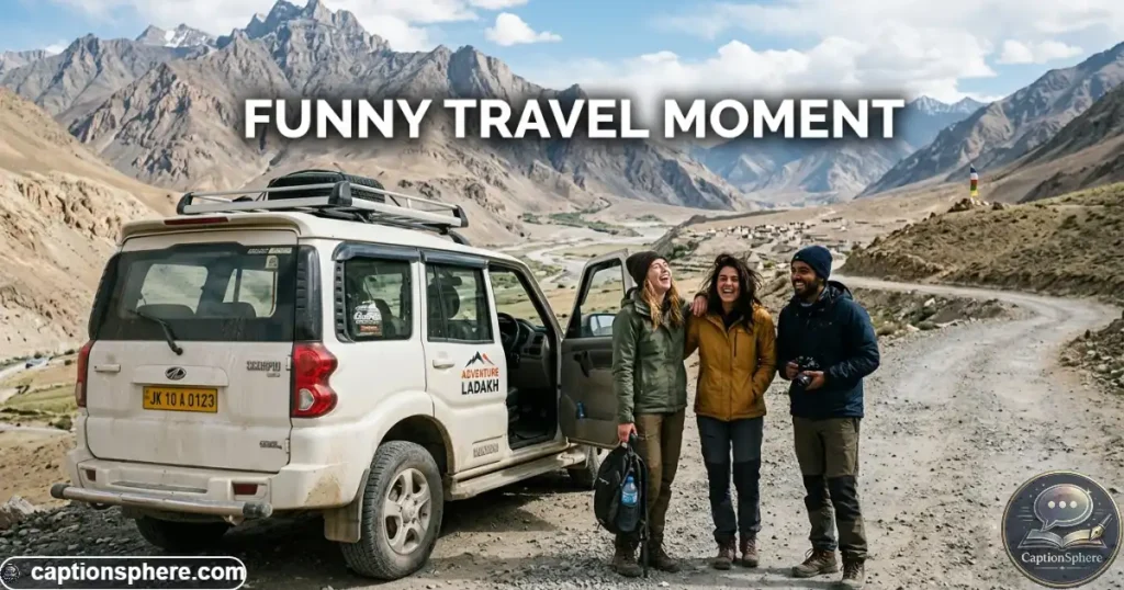Friends laughing beside a parked vehicle with mountains behind them