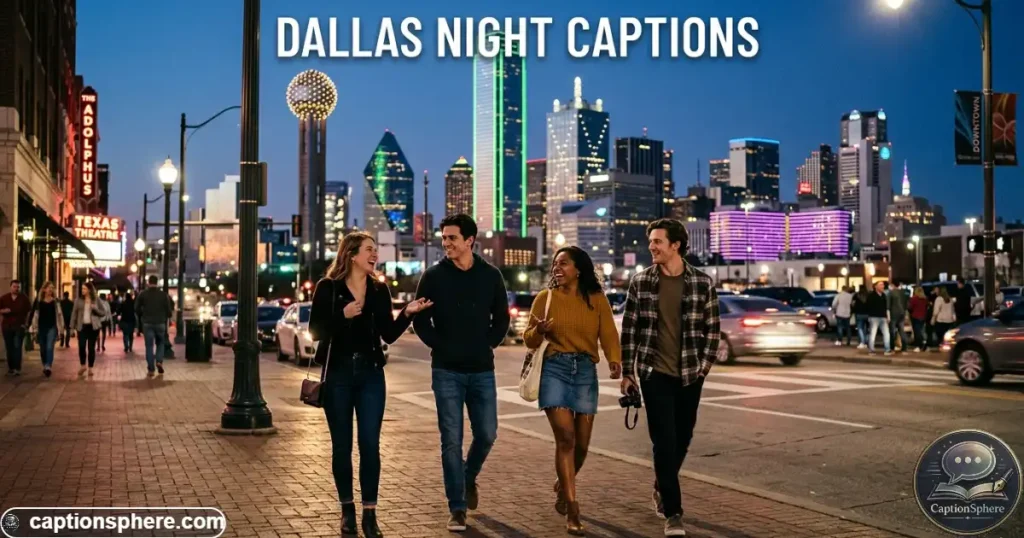 Friends walking beneath illuminated downtown Dallas buildings after sunset