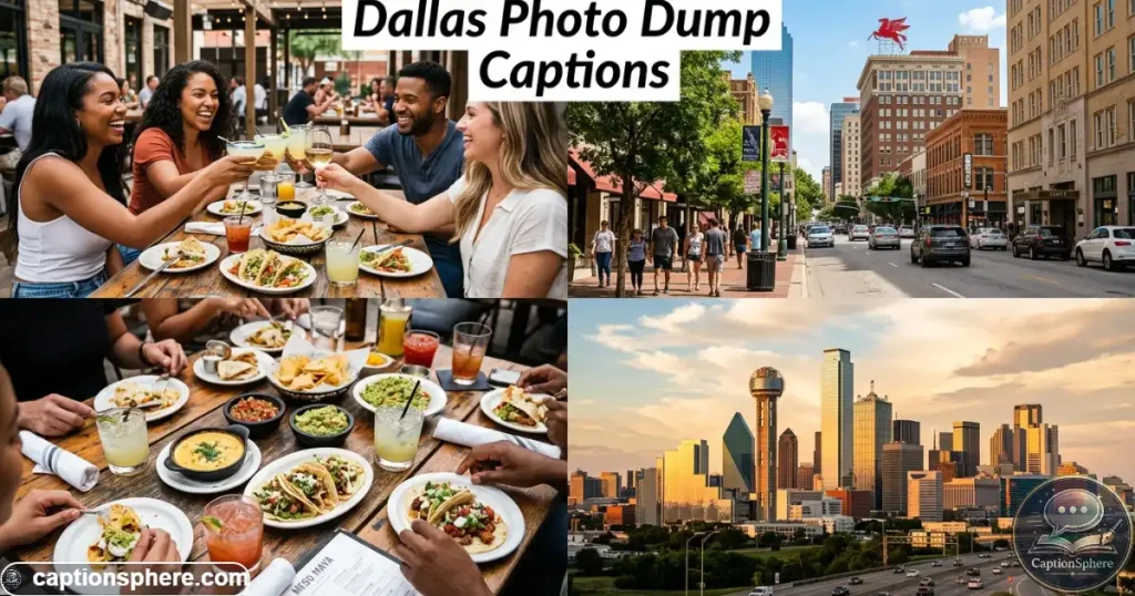 Collage-style travel scene showing Dallas food, streets, friends, and skyline moments
