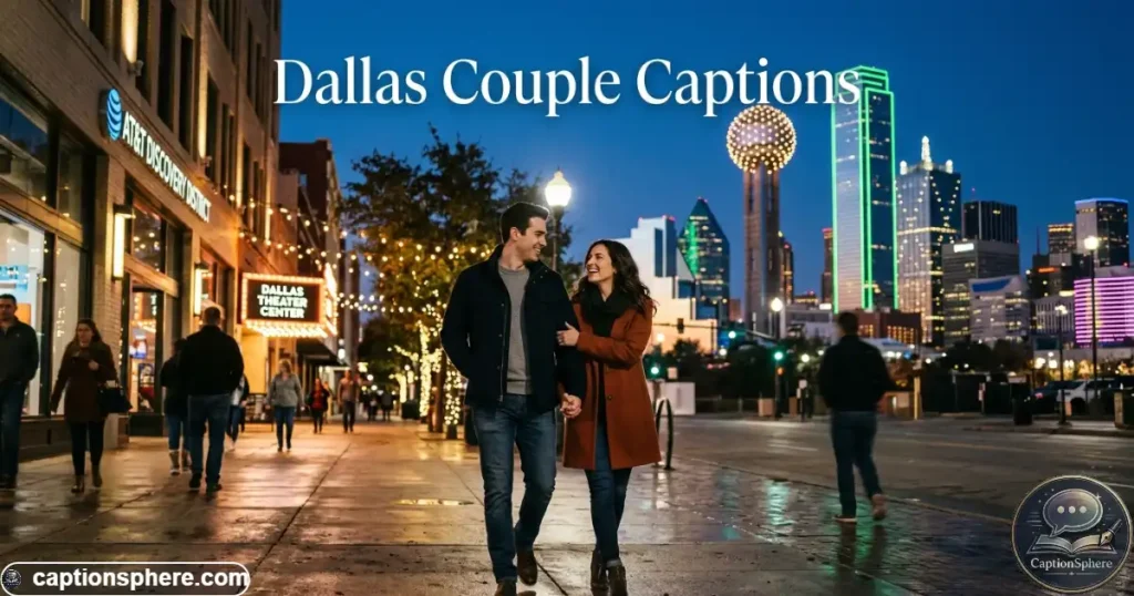 Couple enjoying an evening walk with Dallas buildings illuminated behind them