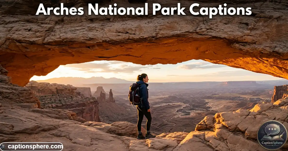 Hiker standing beneath a massive sandstone arch at sunset in Utah