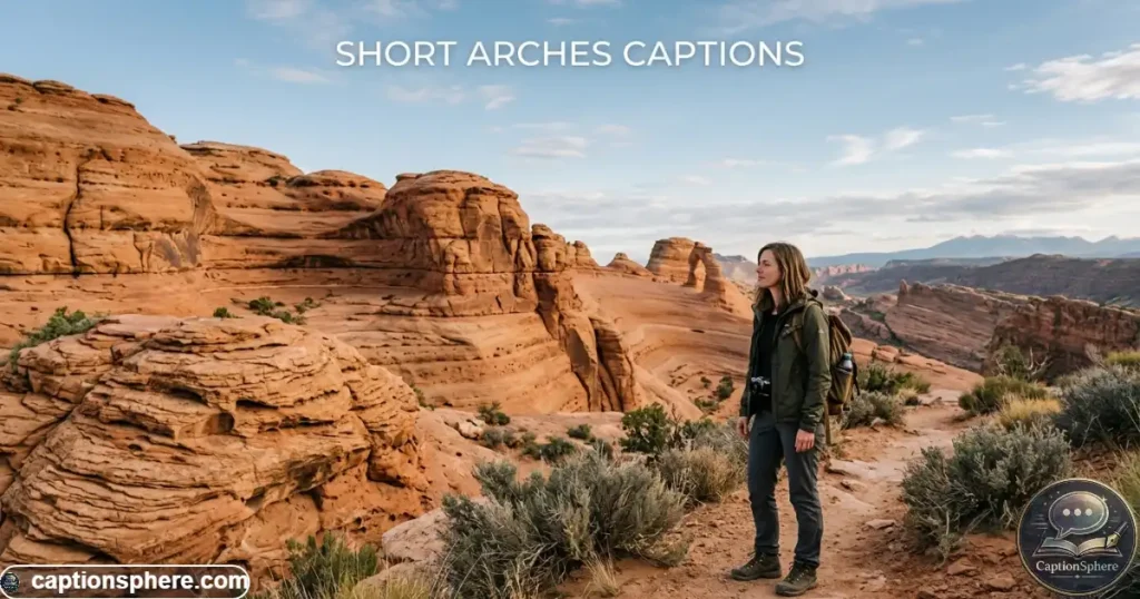 Traveler posing beside red sandstone formations beneath an open desert sky