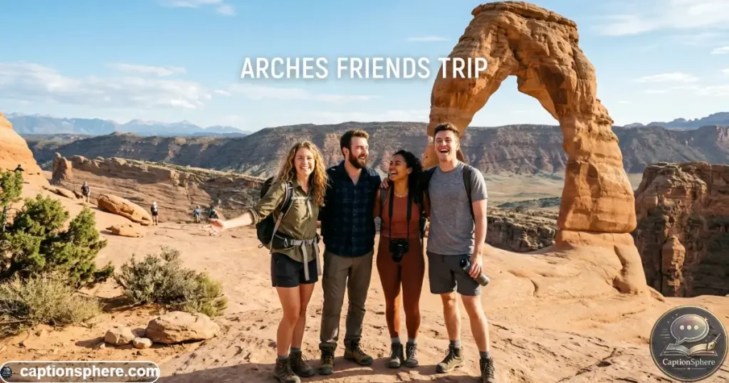 Group of friends posing together beside sandstone formations in Utah