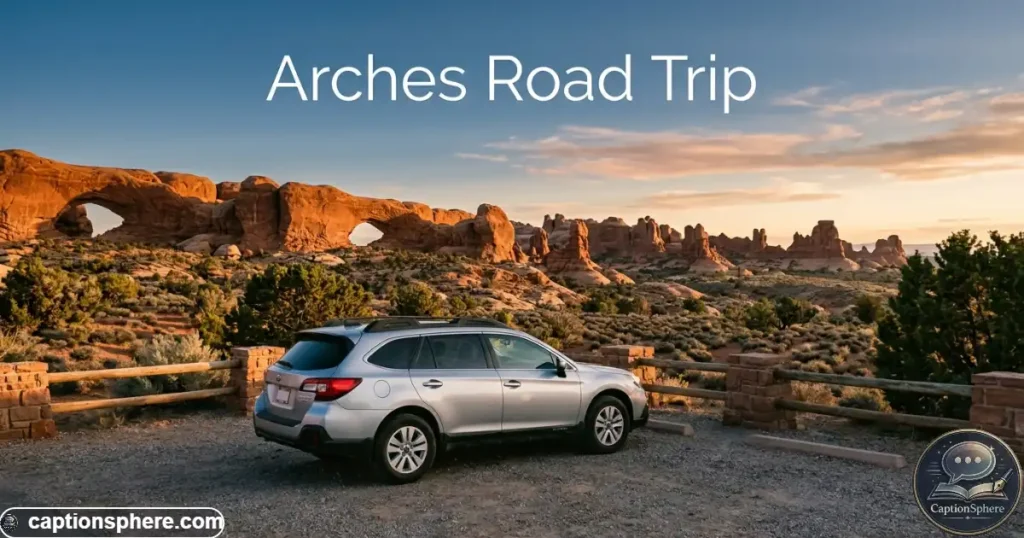 Car parked at a scenic desert overlook with sandstone formations beyond