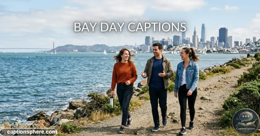 Friends walking beside San Francisco Bay with water and skyline behind