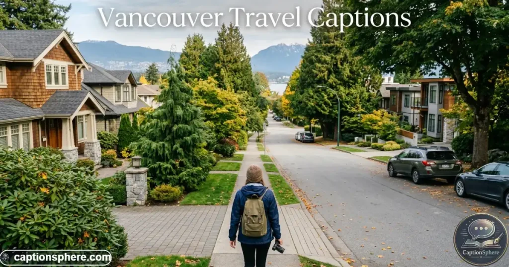 Traveler walking through Vancouver neighborhood with backpack and city buildings