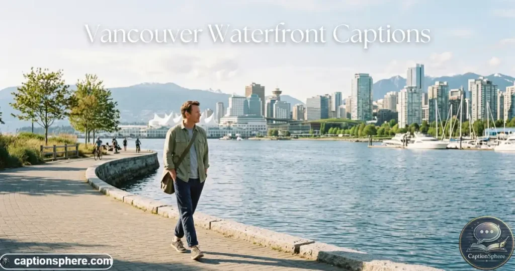 Person walking beside Vancouver waterfront with calm water and city skyline