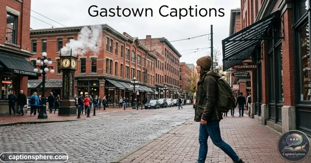 Traveler walking through Gastown with brick buildings and steam clock nearby