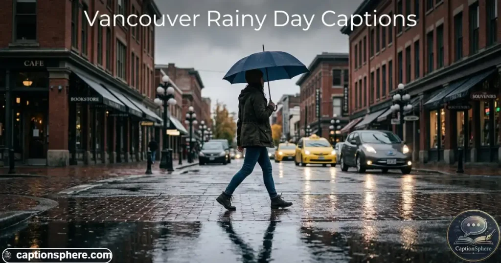 Person with umbrella walking across wet Vancouver street after rain