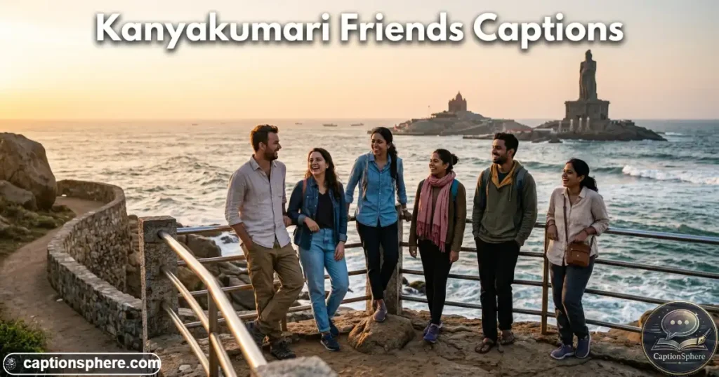 Group of friends posing together beside the Kanyakumari shoreline
