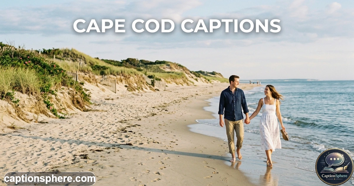 Couple walking along a Cape Cod beach beside dunes and calm blue ocean