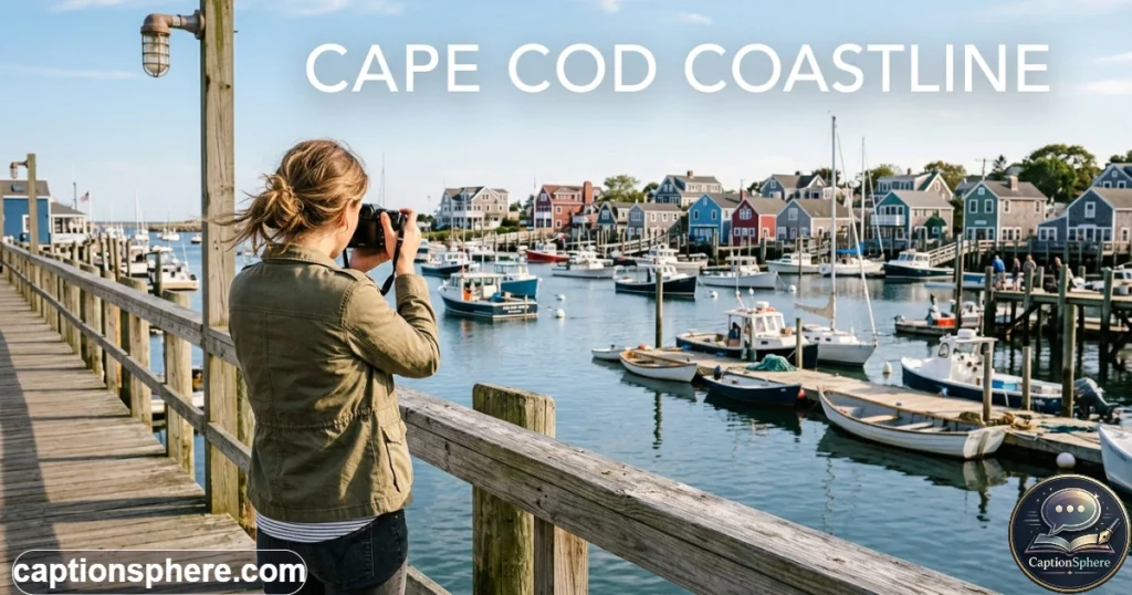 Traveler photographing a colorful Cape Cod harbor with boats and waterfront buildings