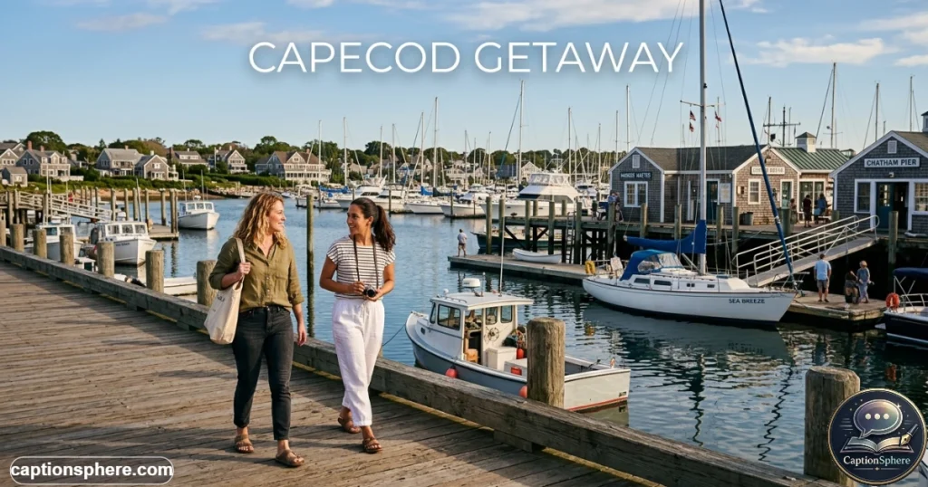 Travelers strolling beside a Cape Cod harbor with sailboats in afternoon light