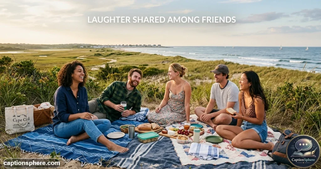 Group of friends sharing a casual picnic near a Cape Cod coastal meadow