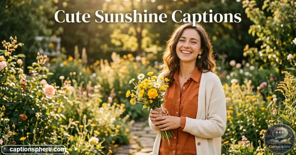 Smiling woman holding yellow flowers in warm afternoon sunlight