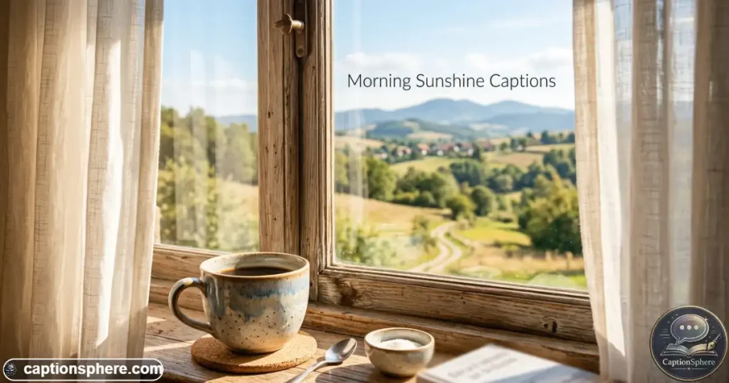 Coffee cup beside a window overlooking a sunlit morning landscape
