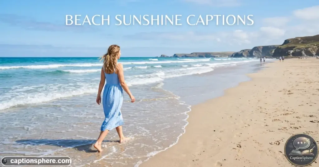 Person walking barefoot along a sunny sandy beach beside blue water