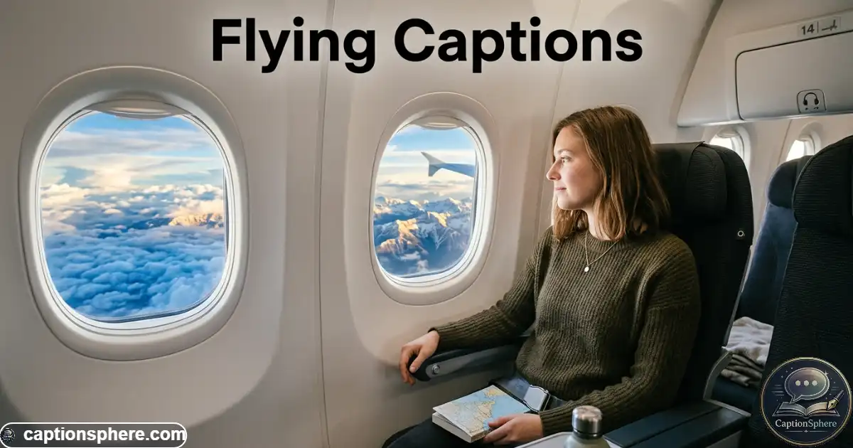 Traveler looking through an airplane window at clouds and distant mountains