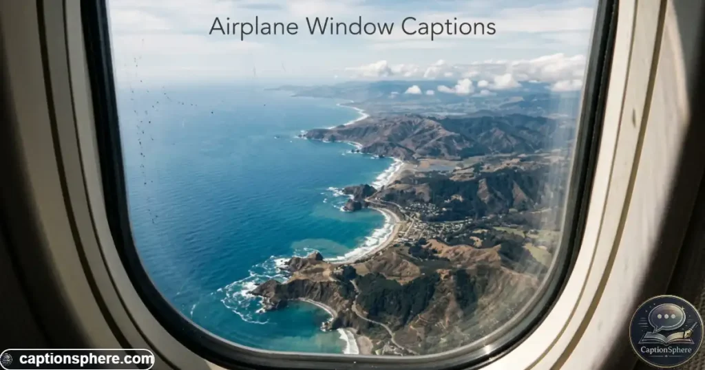 Airplane window framing a winding coastline and blue water below