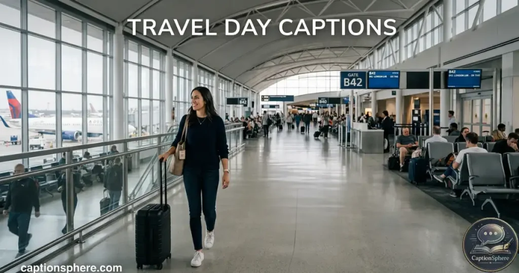 Traveler with suitcase walking through a bright airport departure terminal