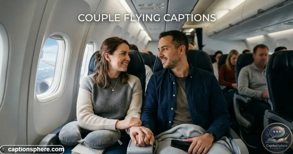 Couple seated together beside an airplane window during daytime travel