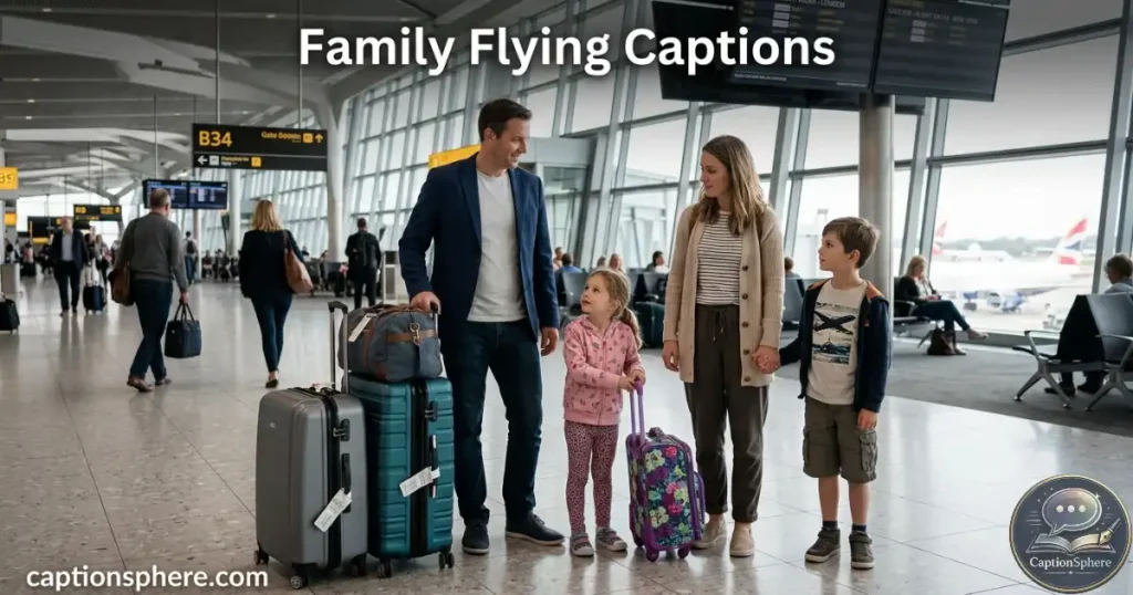 Family with luggage standing together inside a modern airport terminal