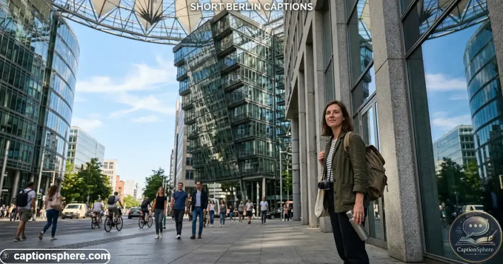 Traveler taking a quick portrait beside Berlin architecture on a sunny afternoon