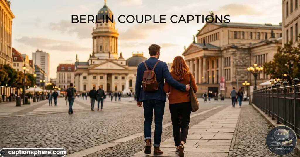 Couple walking together near Berlin architecture during golden hour