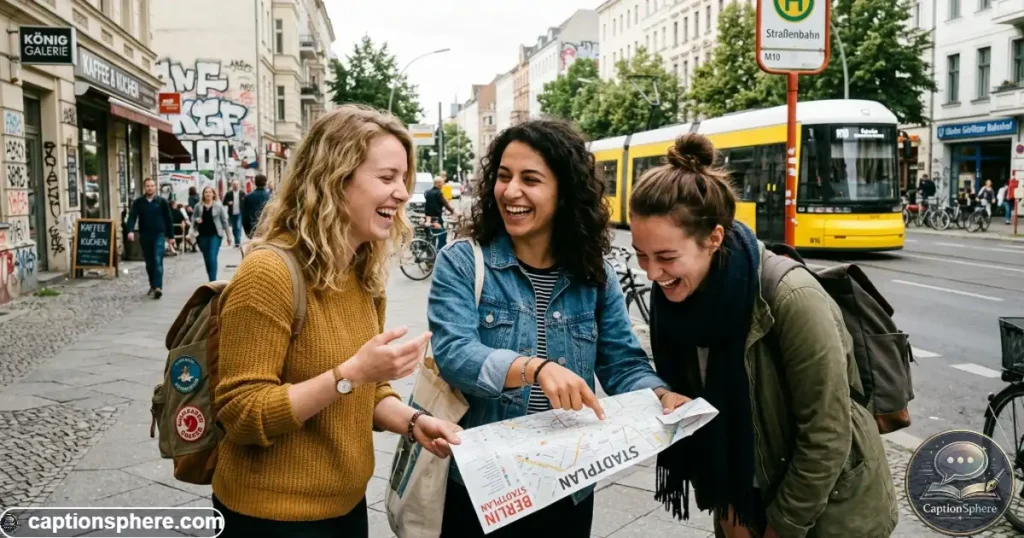 Friends laughing while checking a map on a Berlin sidewalk