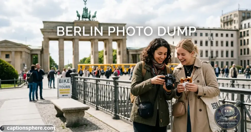 Travelers reviewing photos together beside a Berlin landmark