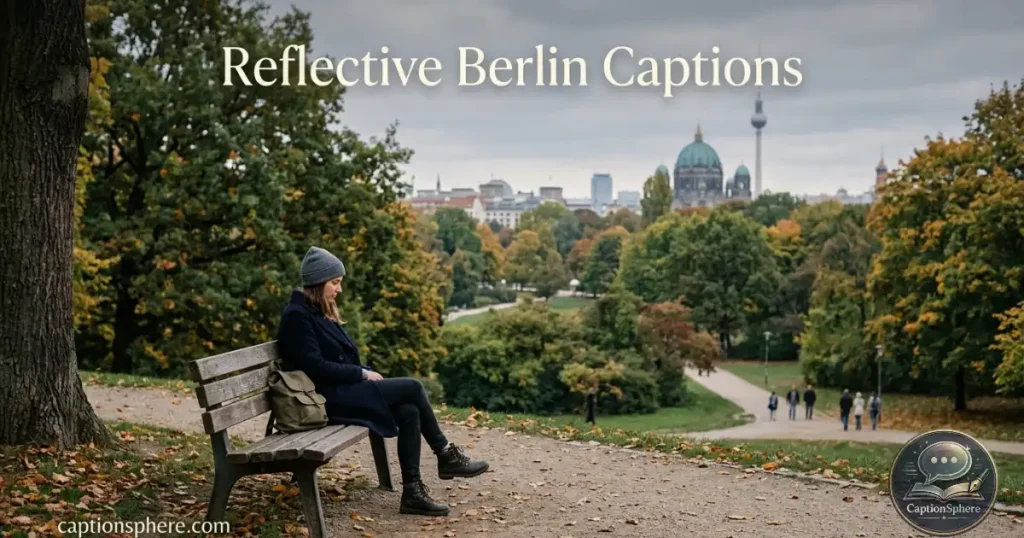 Traveler sitting quietly near a Berlin park with historic buildings beyond