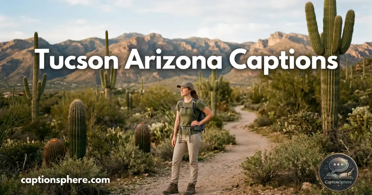 Traveler standing among saguaros with Tucson mountains in the distance