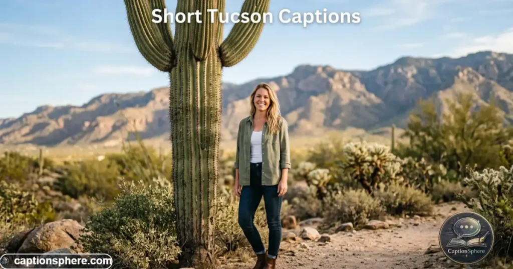 Person posing beside a tall saguaro beneath a clear desert sky