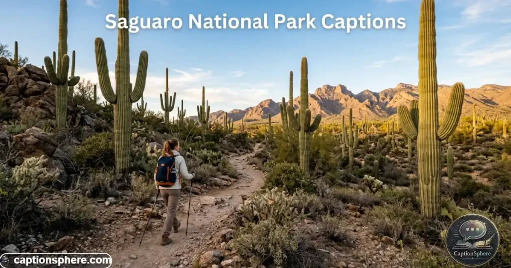 Hiker walking among tall saguaros on a desert trail