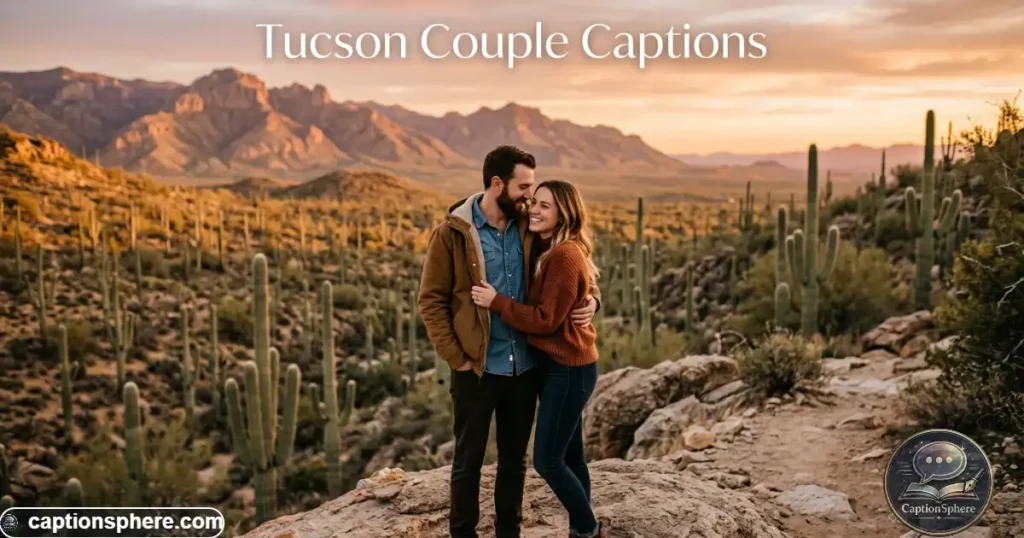 Couple standing together with saguaros and mountains behind them