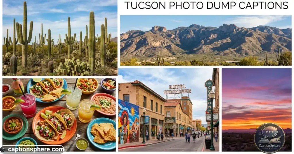 Travel scenes showing cactus, mountains, food, streets, and sunset