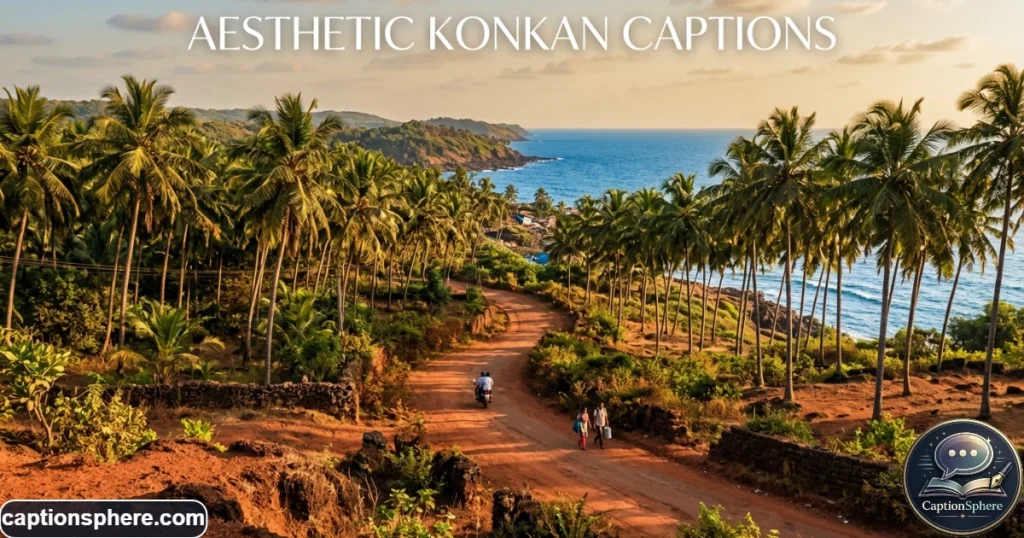 Palm-lined coastal road with warm sunlight, red earth, and blue sea