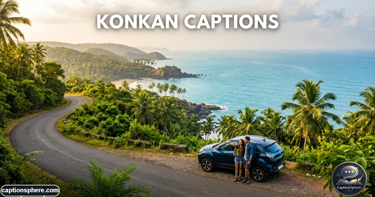 Travelers enjoying a scenic Konkan coastline with sea, palms, and winding road