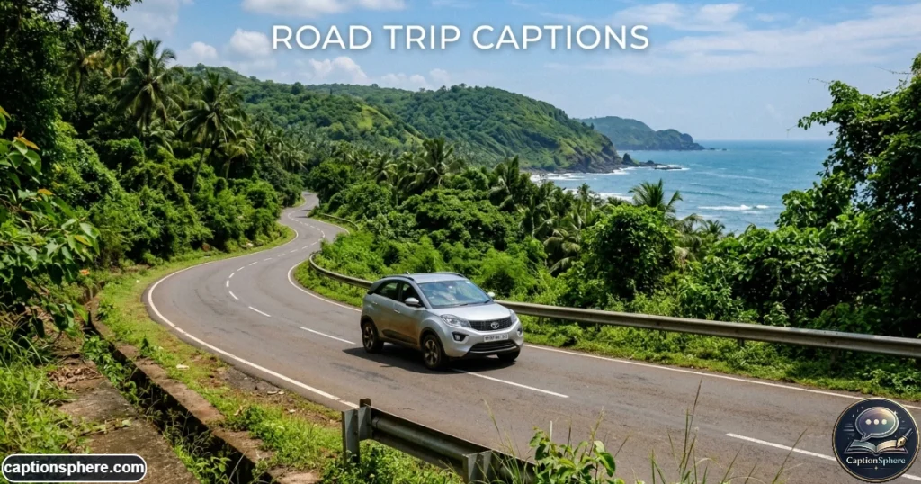 Car traveling along a winding green coastal road with glimpses of blue sea