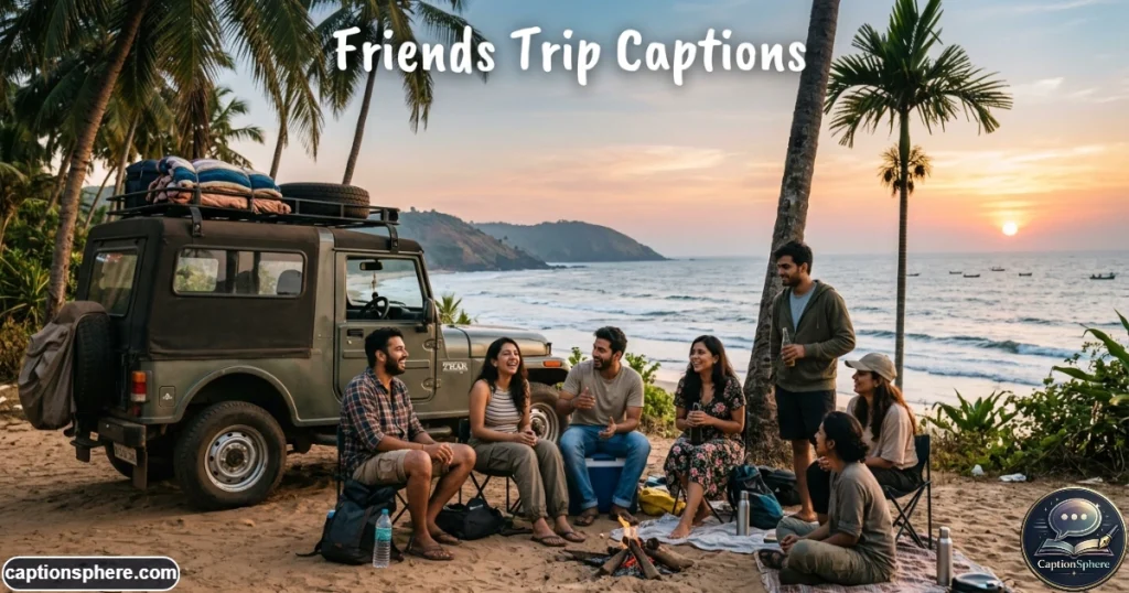 Group of friends smiling together near a scenic Konkan beach and road